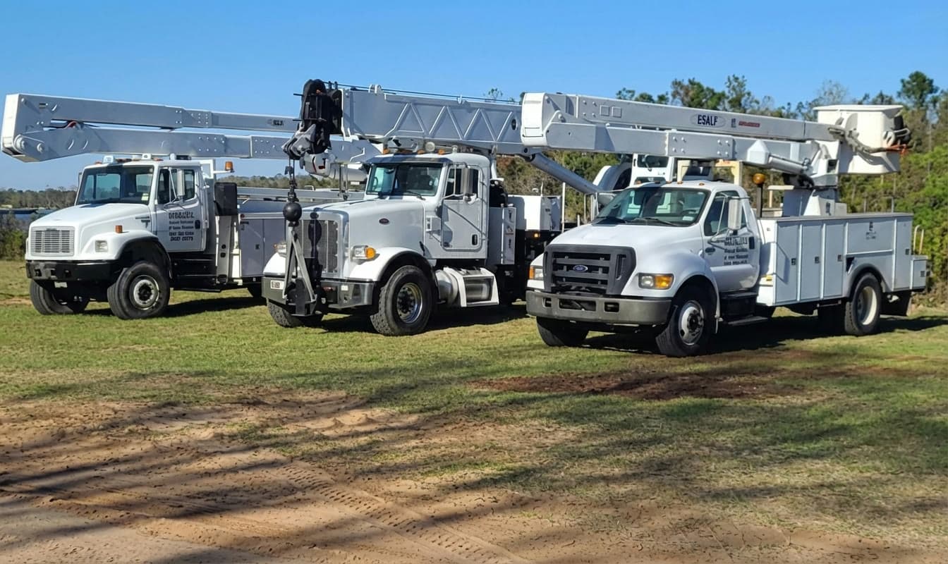 Three service trucks from Bordelon's fleet in a row